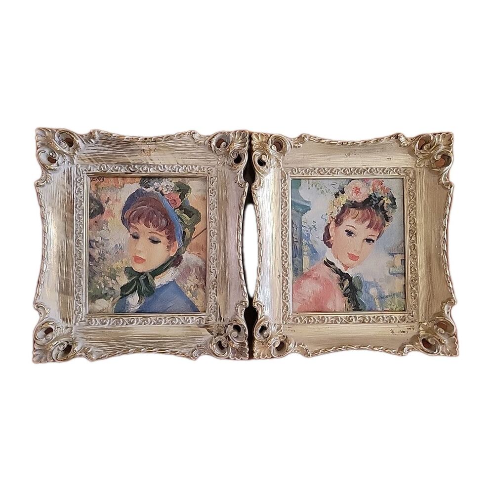 2 Vintage John Strevens Ornate Framed Portraits Victorian Lady Flowers 9” X 10”